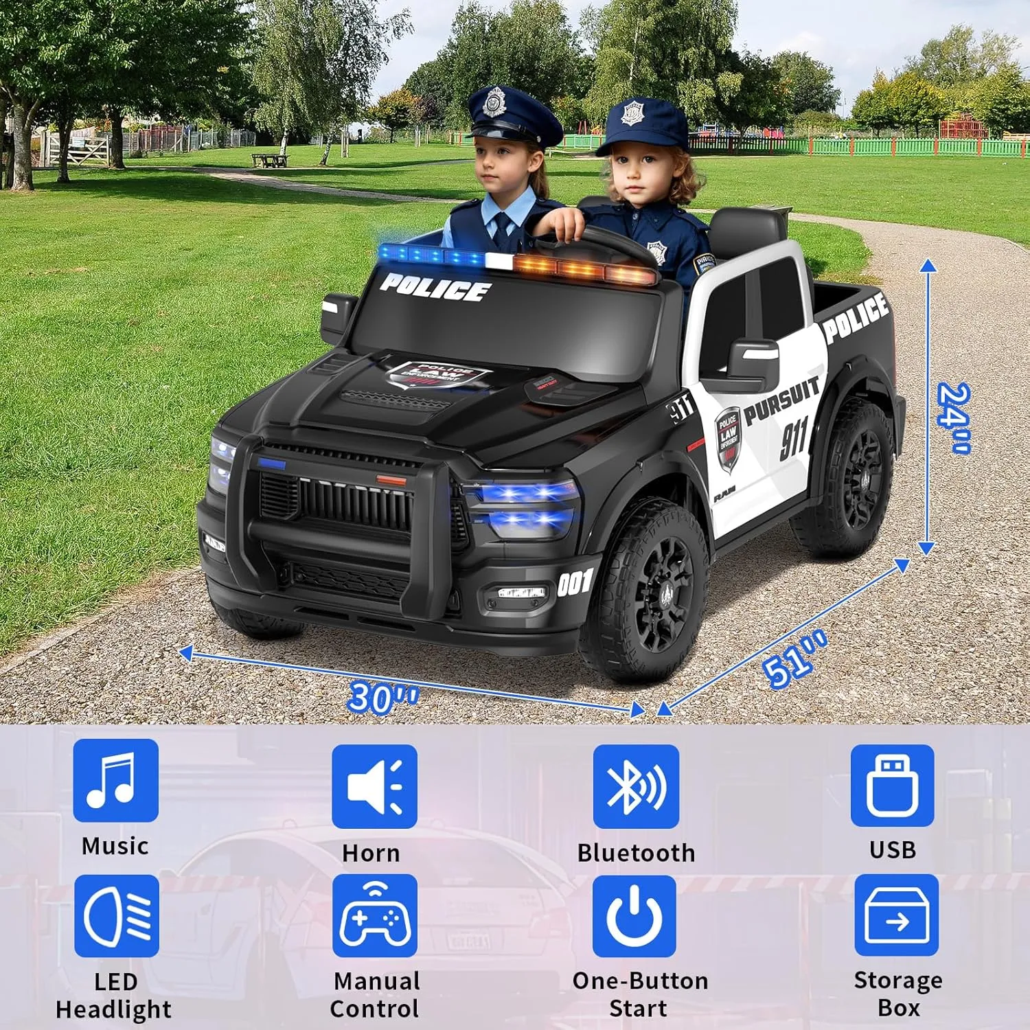 24V 2 Seater Ride on Truck Car for Big Kids 4-8, Licensed Dodge Ram 2500 Police Car Toys,Powered Wheel with Remote Control, Siren, Alarm Lights, Megaphone, 5 Mph Max Speed