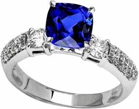 2.05 Carat t.w 14K White Gold Three Row Bostonian 3 Stone Pave Set Diamond Engagement Ring w/a 1.5 Carat Cushion Cut Purple Tanzanite Heirloom Quality