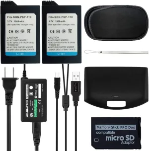 2Pcs High Capacity Rechargeable Lithium Ion Replacement Sony PSP-110 Battery   AC Adapter 5V 2A Wall Travel Power Supply Compatible for PSP 1000 Series Accessories Kit