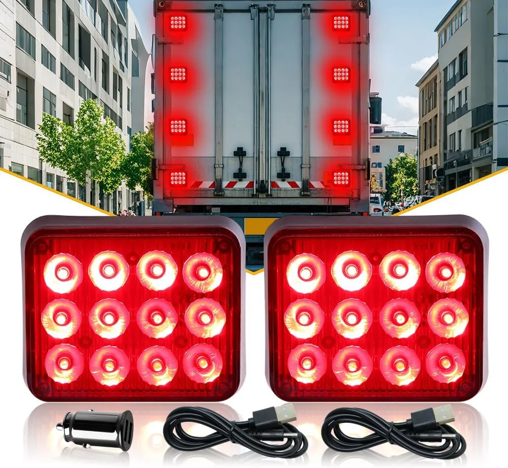 2PCS Magnetic Trailer Lights, Red Beacon Light Wireless Trailer Lights Rechargeable Emergency Warning Light Magnetic Strobe Lights for Trucks Wireless Portable Tail Light for Car