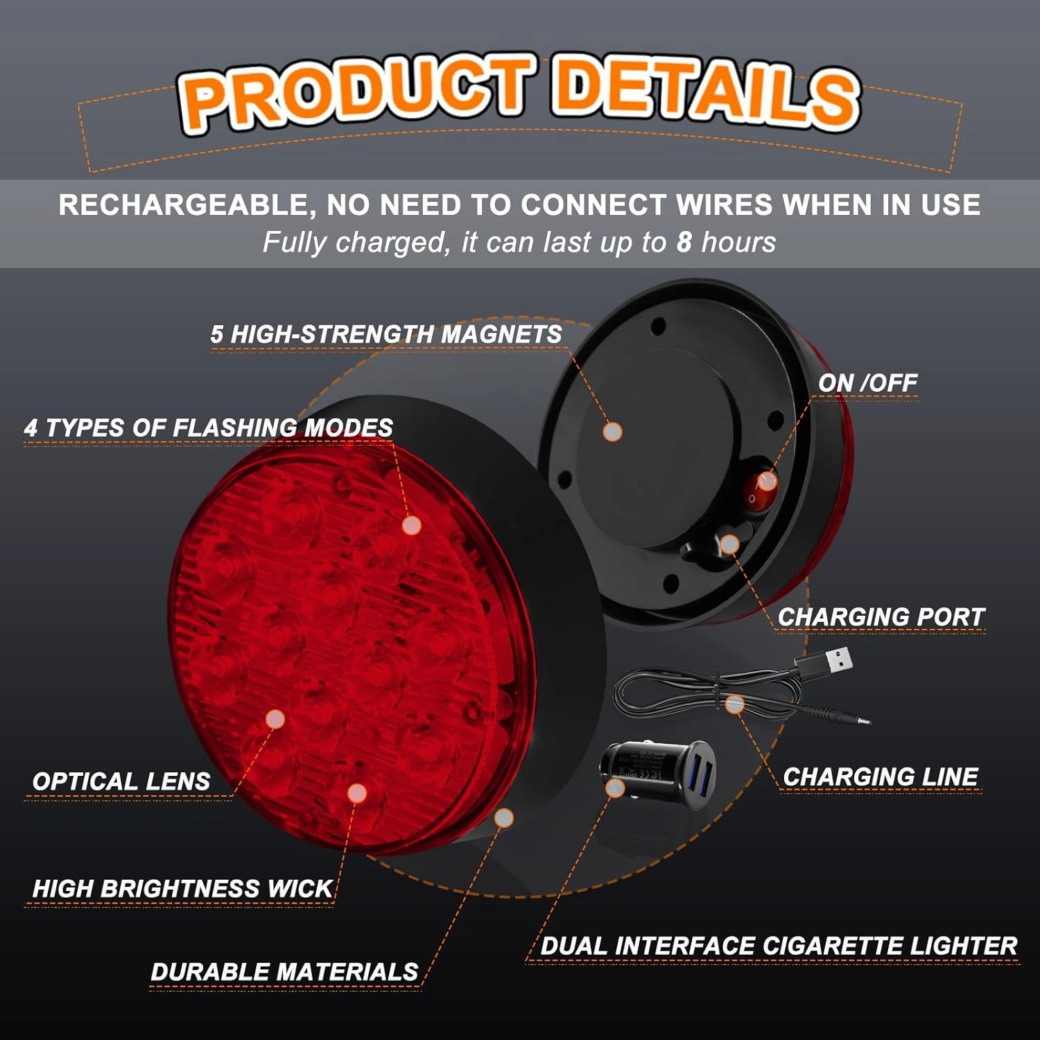 2PCS Magnetic Trailer Lights, Rechargeable Emergency Safety Warning Magnetic Red Light Flashing Strobe Portable Red Beacon Side Marker Tow Tail Lights for Trailer Trucks Car RVs Tractor
