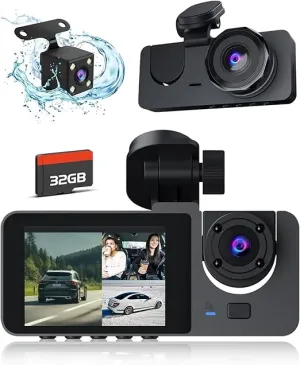 3 Channel Dash Cam Front and Rear Inside, 4K Full UHD Dash Camera for Cars,Car Camera Built-in 32GB Card,WDR,G-Sensor,2.0''IPS HD Screen, Loop Recording,24H Parking Monitor