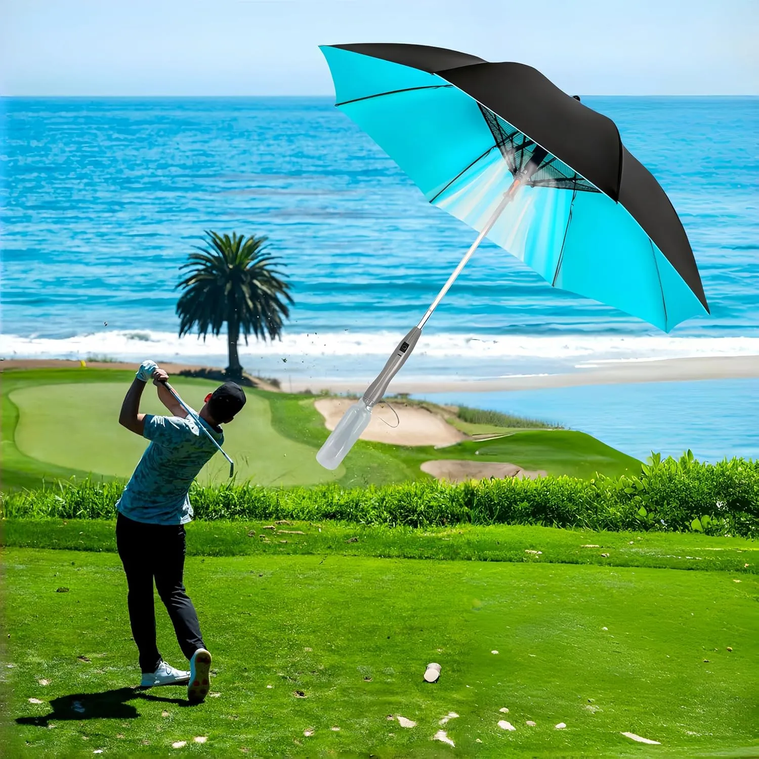 3 in 1 Sun Umbrella with Fan Misting, Uv Blocking 50  Portable Fan Cooling Umbrella for Fishing, Golfing, Outdoor Beach, USB Rechargeable, Comes with Water Bottle Attach for the Mister