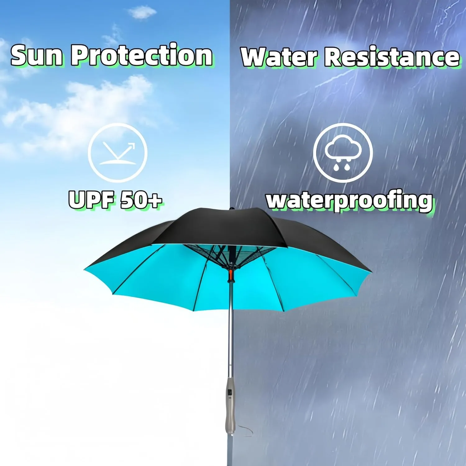 3 in 1 Sun Umbrella with Fan Misting, Uv Blocking 50  Portable Fan Cooling Umbrella for Fishing, Golfing, Outdoor Beach, USB Rechargeable, Comes with Water Bottle Attach for the Mister