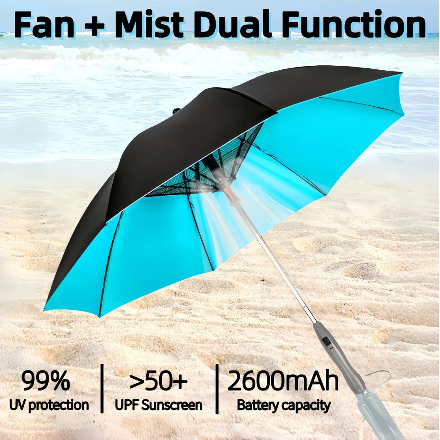 3 in 1 Sun Umbrella with Fan Misting, Uv Blocking 50  Portable Fan Cooling Umbrella for Fishing, Golfing, Outdoor Beach, USB Rechargeable, Comes with Water Bottle Attach for the Mister