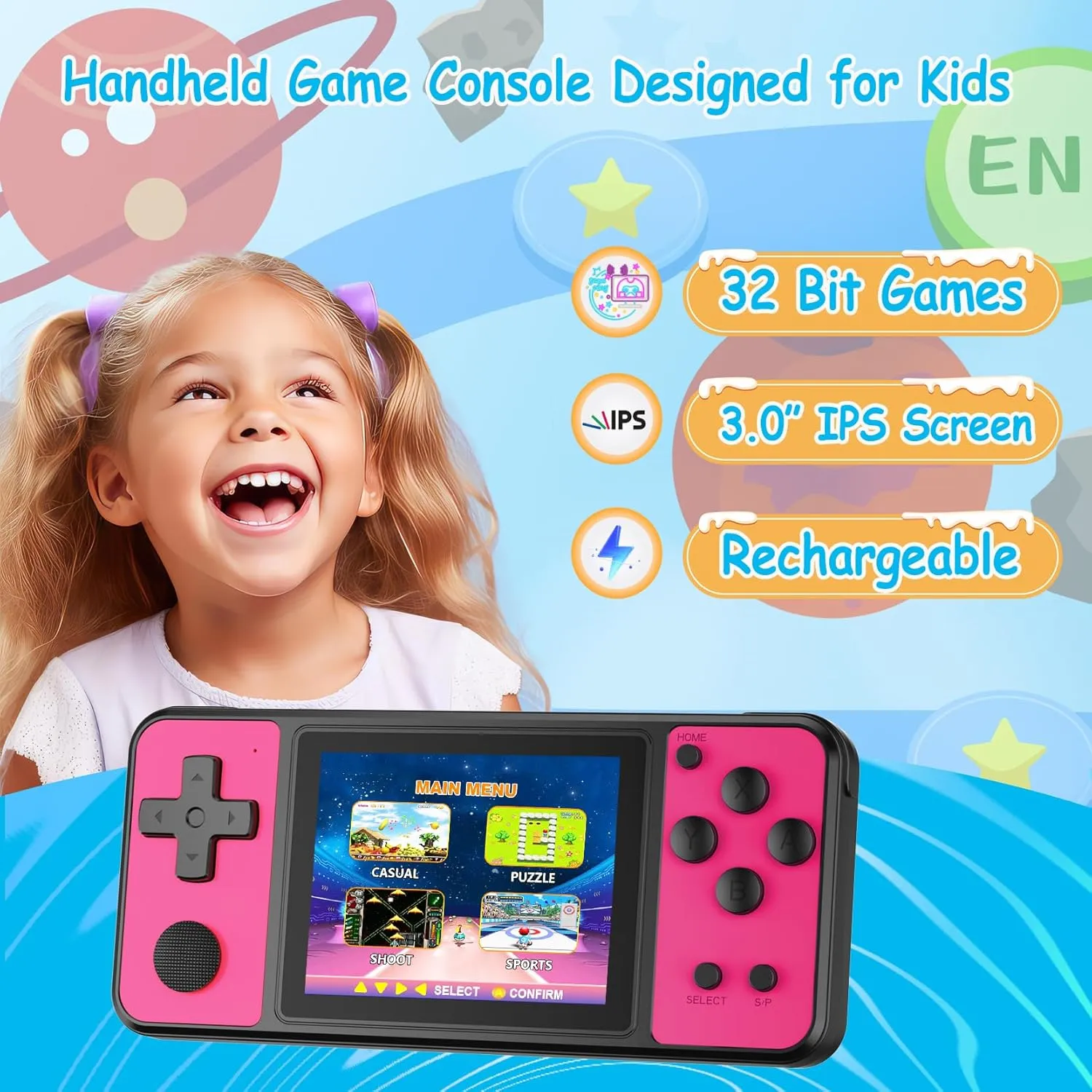 32 Bit Handheld Games for Kids Built-in 139 Video Games, 3.0" IPS Screen Rechargeable Travel Toys for Ages 4-13, Mini Electronic Gaming Player Xmas Birthday Gifts for Boys Girls (Rose Red)