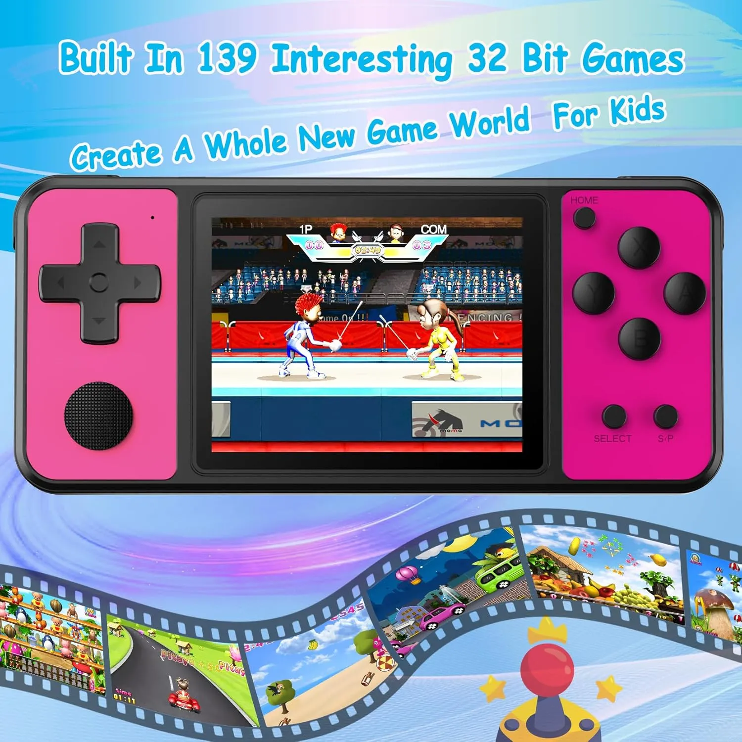 32 Bit Handheld Games for Kids Built-in 139 Video Games, 3.0" IPS Screen Rechargeable Travel Toys for Ages 4-13, Mini Electronic Gaming Player Xmas Birthday Gifts for Boys Girls (Rose Red)