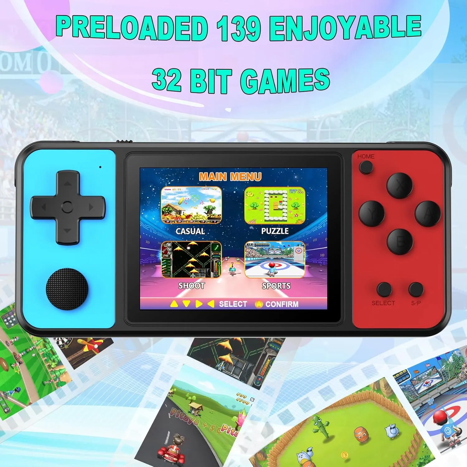 32 Bit Handheld Games for Kids Built-in 139 Video Games,3.0" IPS Screen Rechargeable Portable Arcade Gaming Player,Electronic Toys for Boys Girls Birthday Xmas Gift Blue-Red