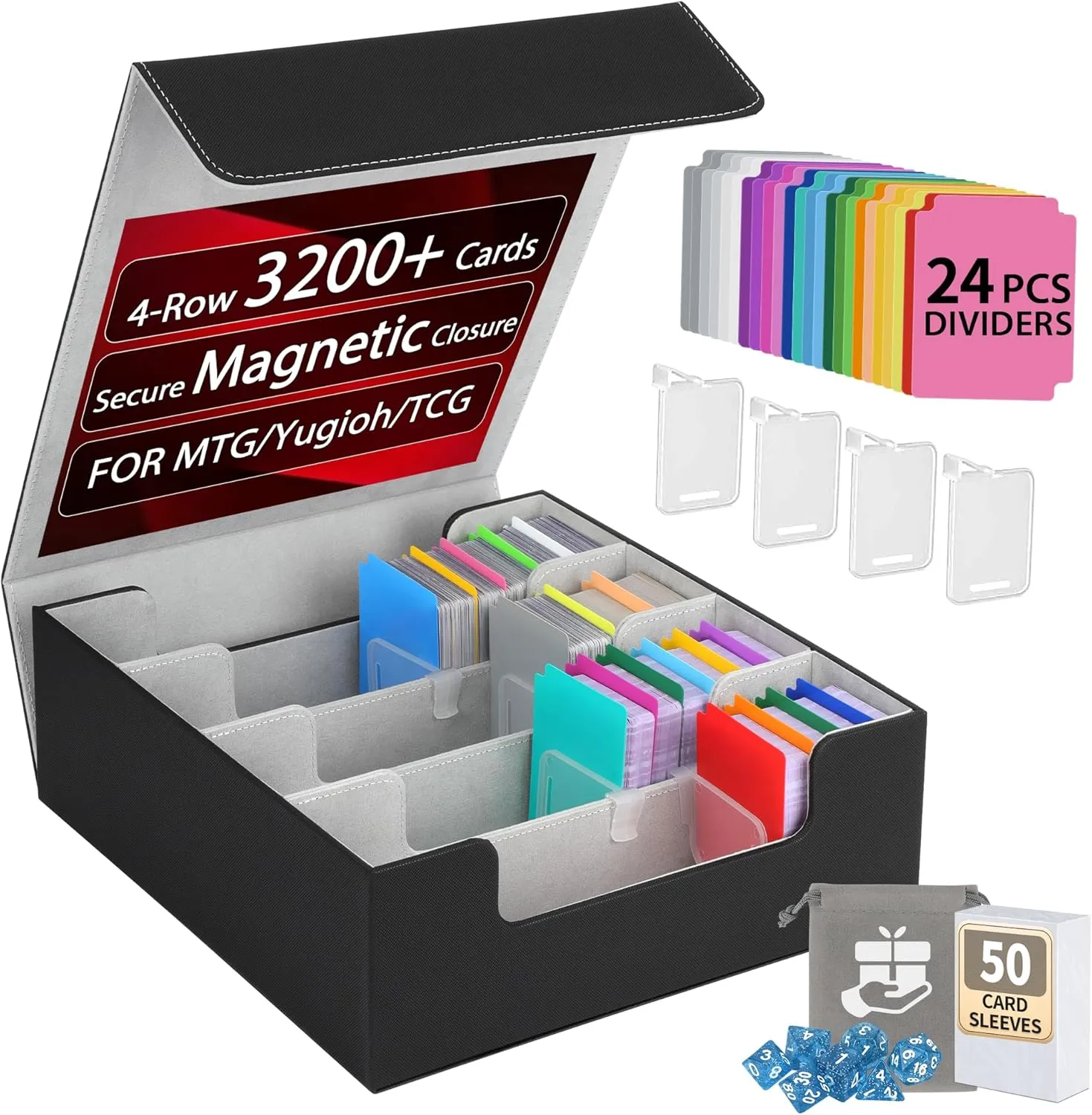 3200  Trading Card Storage Box with Dividers, Sleeves, Dice Bag & Magnetic Closure, PU Leather Deck Case – Fits Standard TCG, Sports Cards – 4 Row (Gray)
