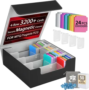3200  Trading Card Storage Box with Dividers, Sleeves, Dice Bag & Magnetic Closure, PU Leather Deck Case – Fits Standard TCG, Sports Cards – 4 Row (Gray)
