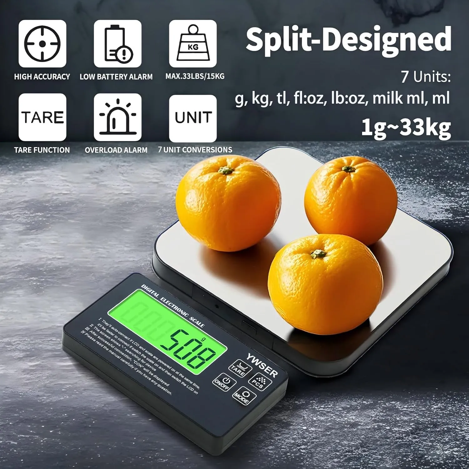 33lb Wireless Magnetic Digital Kitchen Scale with Remote LCD Display, Split-Designed for Easy Cleaning, 0.1oz/1g Precision, 7 Units, Tare Function for Baking, Cooking, Meal Prep