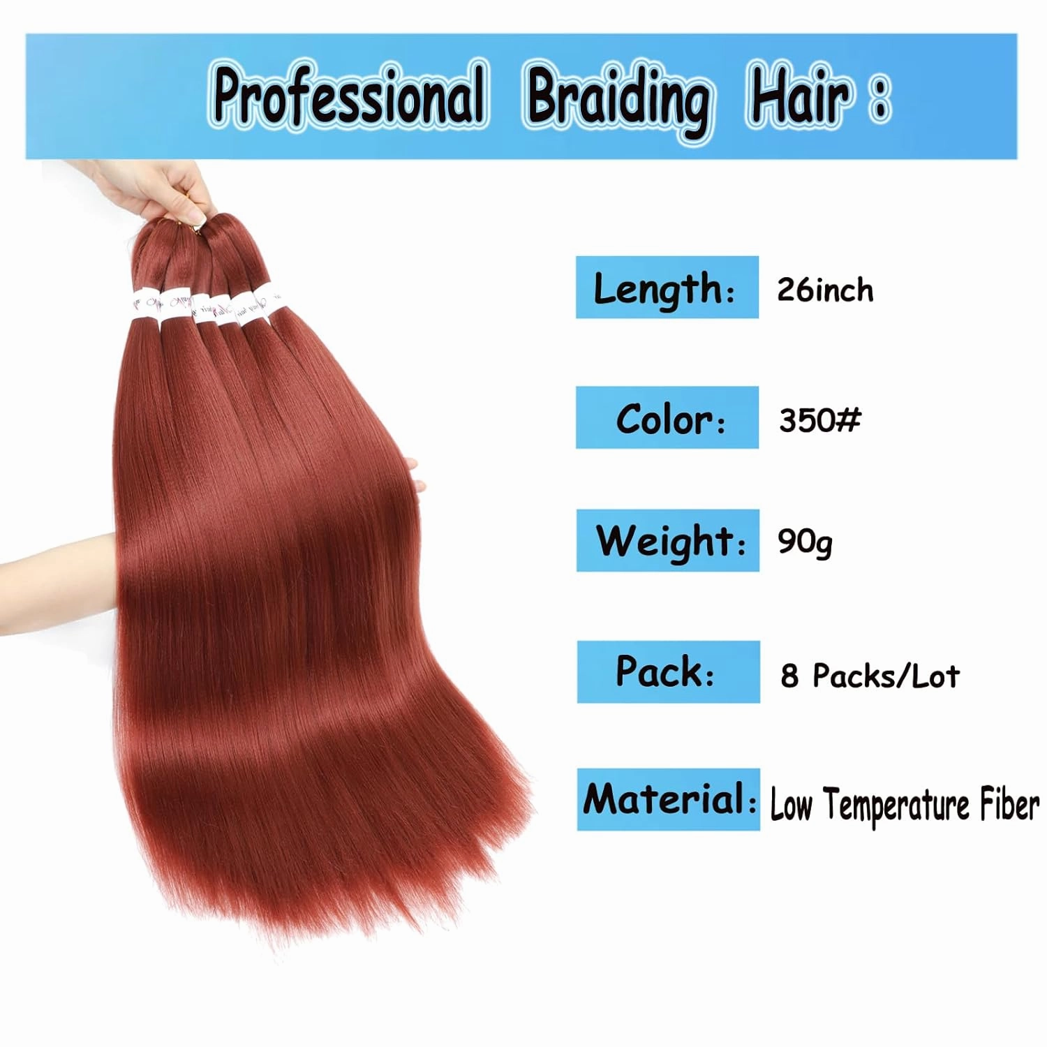 350 Ginger Braiding Hair Pre stretched 26inch 8 Packs Yaki Copper Pre streetched Braiding Hair Hot Water Setting Reddish Synthetic Hair Extension for Braids (Ginger 350#, 26inch)