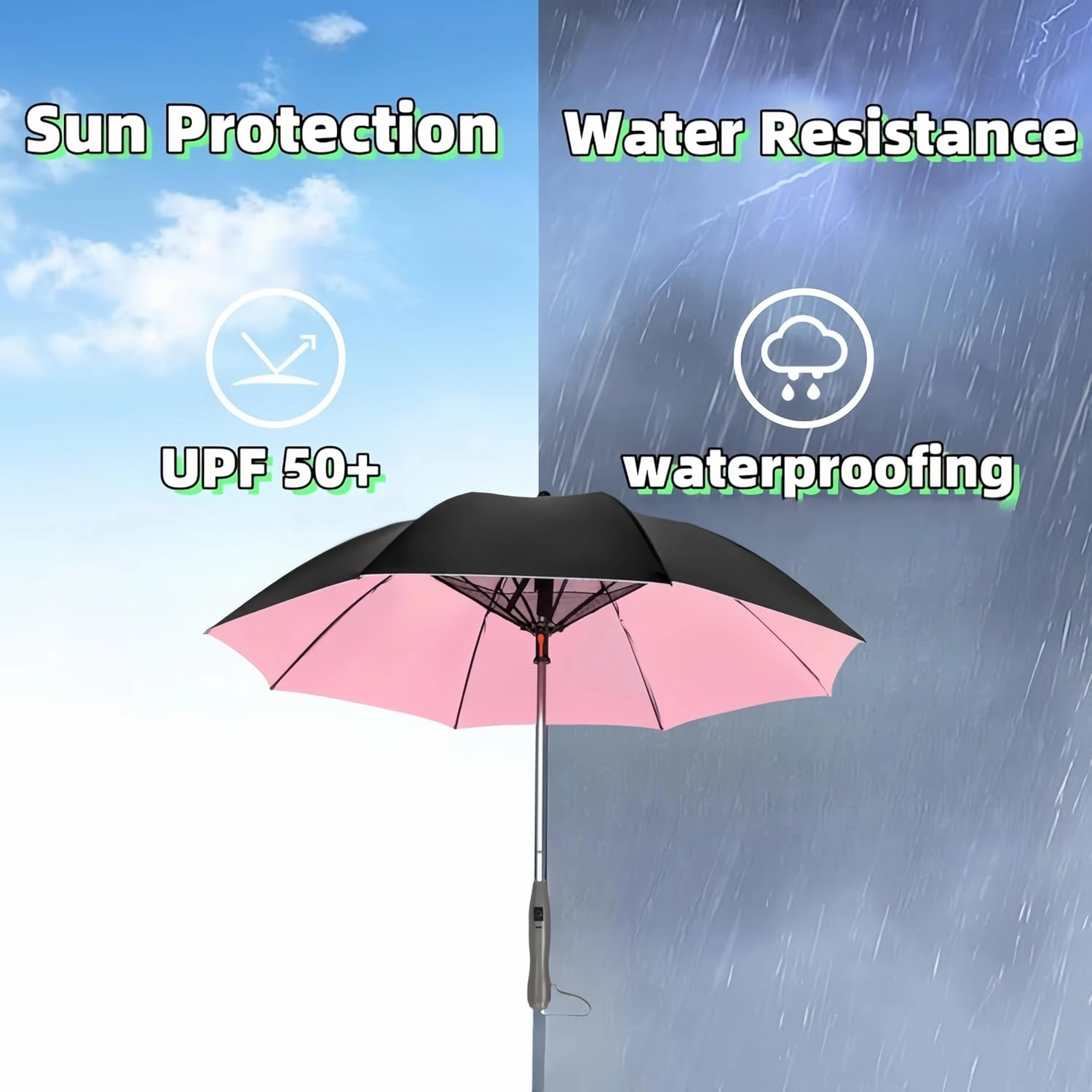 3 in 1 Sun Umbrella with Fan Misting, Uv Blocking 50  Portable Fan Cooling Umbrella for Fishing, Golfing, Outdoor Beach, USB Rechargeable, Comes with Water Bottle Attach for the Mister