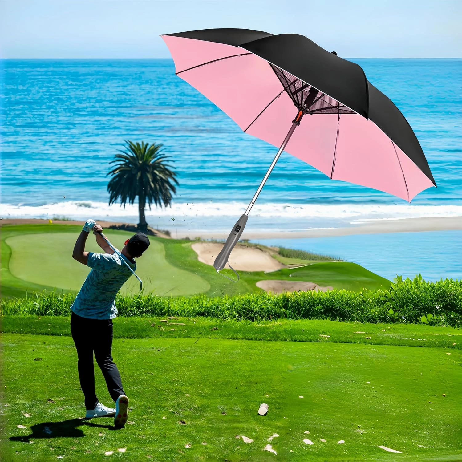 3 in 1 Sun Umbrella with Fan Misting, Uv Blocking 50  Portable Fan Cooling Umbrella for Fishing, Golfing, Outdoor Beach, USB Rechargeable, Comes with Water Bottle Attach for the Mister