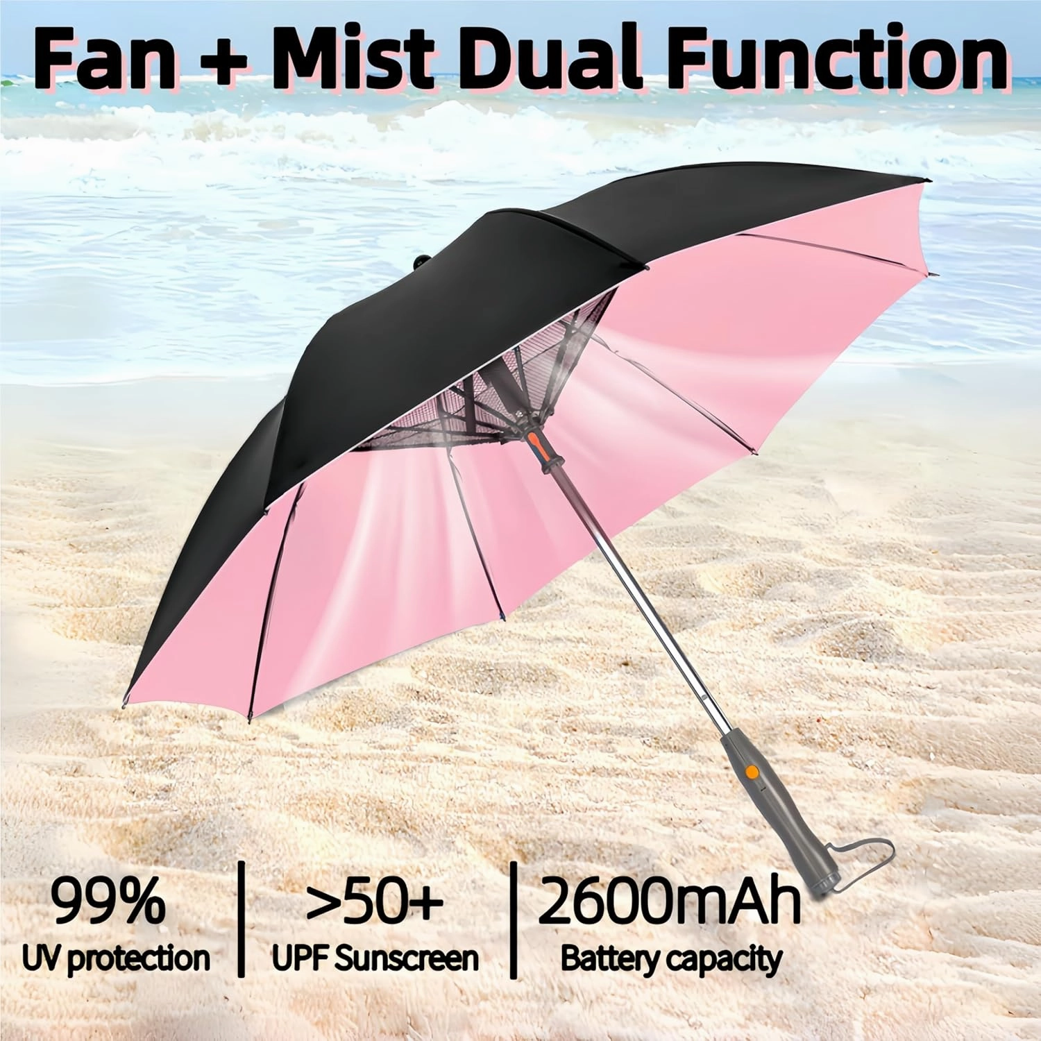 3 in 1 Sun Umbrella with Fan Misting, Uv Blocking 50  Portable Fan Cooling Umbrella for Fishing, Golfing, Outdoor Beach, USB Rechargeable, Comes with Water Bottle Attach for the Mister