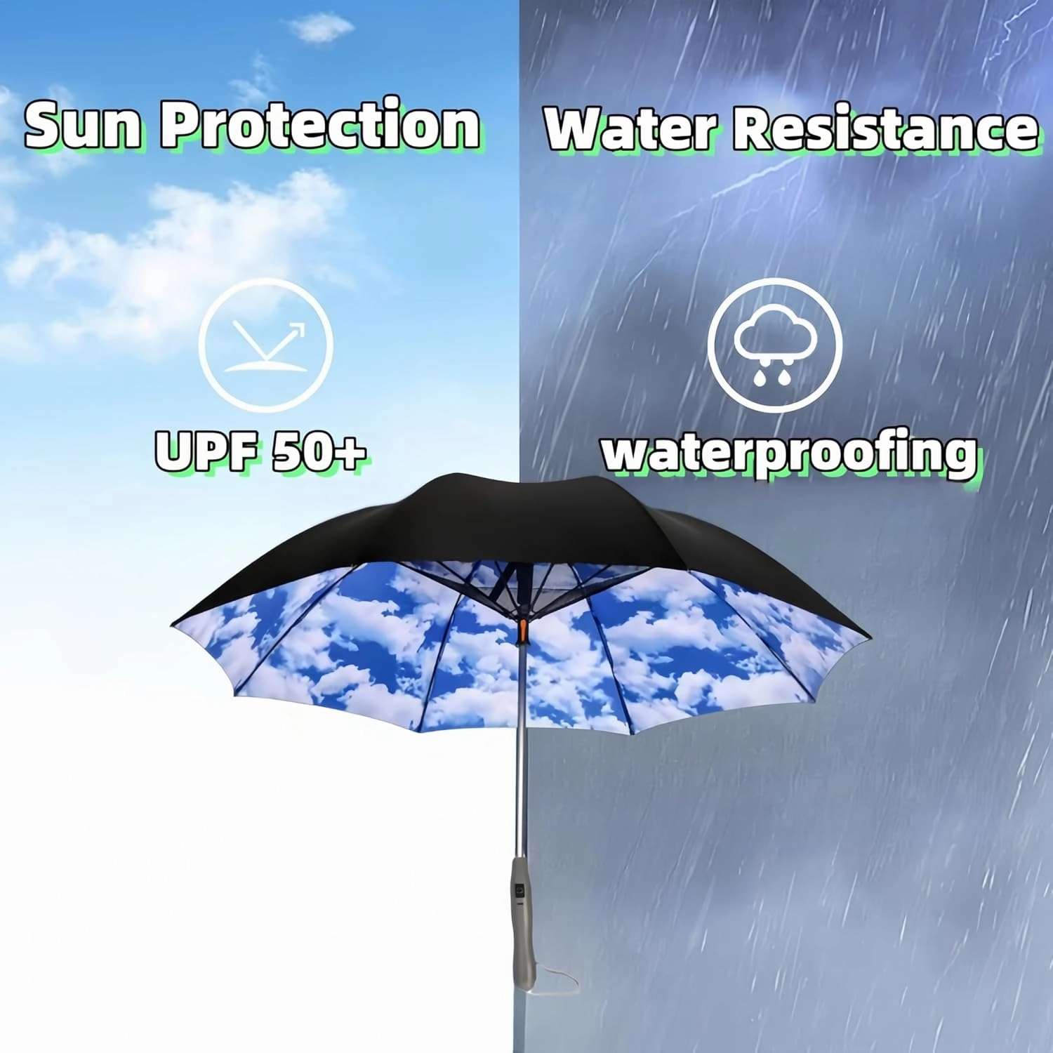 3 in 1 Sun Umbrella with Fan Misting, Uv Blocking 50  Portable Fan Cooling Umbrella for Fishing, Golfing, Outdoor Beach, USB Rechargeable, Comes with Water Bottle Attach for the Mister