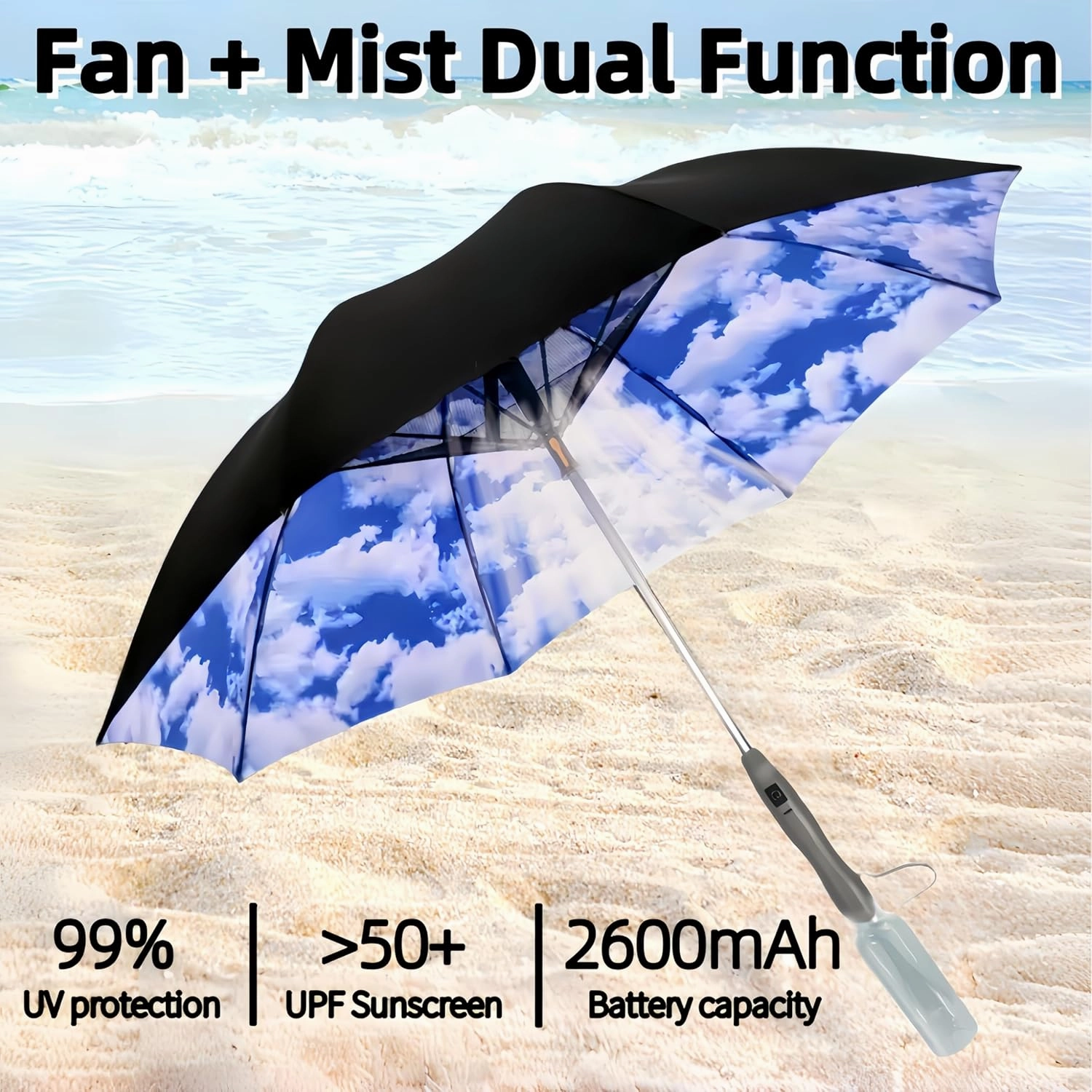3 in 1 Sun Umbrella with Fan Misting, Uv Blocking 50  Portable Fan Cooling Umbrella for Fishing, Golfing, Outdoor Beach, USB Rechargeable, Comes with Water Bottle Attach for the Mister