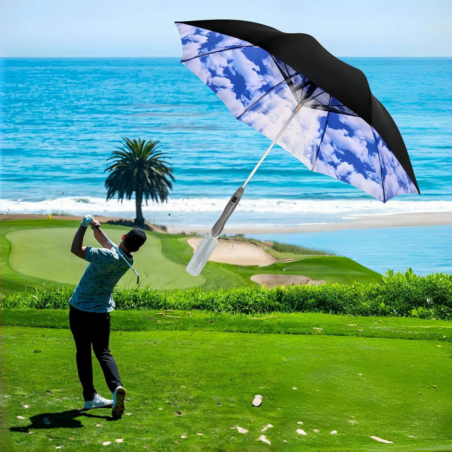 3 in 1 Sun Umbrella with Fan Misting, Uv Blocking 50  Portable Fan Cooling Umbrella for Fishing, Golfing, Outdoor Beach, USB Rechargeable, Comes with Water Bottle Attach for the Mister