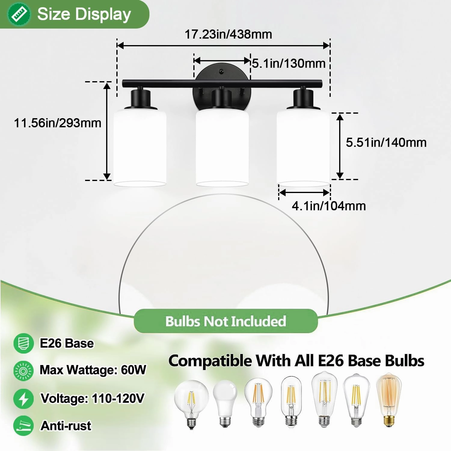 3-Light Bathroom Light Fixtures, Black Modern Vanity Lights with Milky White Frosted Glass Shades, Bathroom Wall Lamp for Mirror Kitchen Living Room Hallway Cabinet Porch