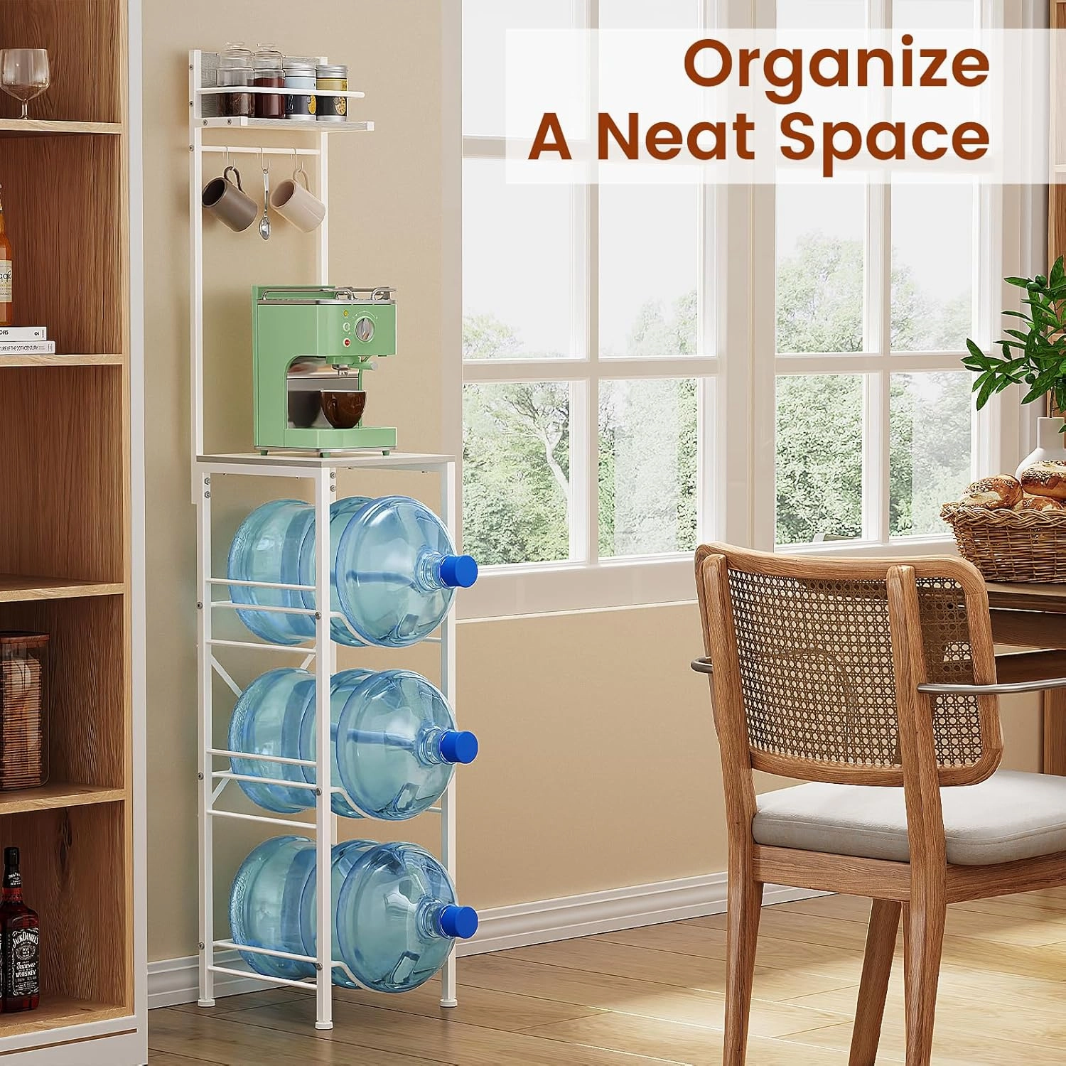 3-Tier 5 Gallon Water Jug Holder with Wood Storage Shelve 3 Hooks, 5 Gallon Water Bottle Holder, Water Jug Stand Water Jug Rack, Water Bottle Organizer for Kitchen Office Living Room, Gray