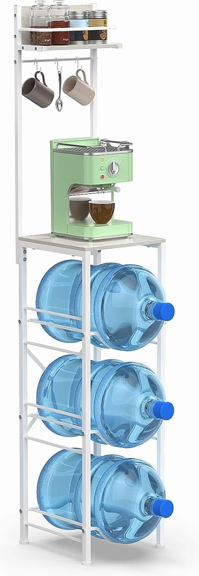 3-Tier 5 Gallon Water Jug Holder with Wood Storage Shelve 3 Hooks, 5 Gallon Water Bottle Holder, Water Jug Stand Water Jug Rack, Water Bottle Organizer for Kitchen Office Living Room, Gray