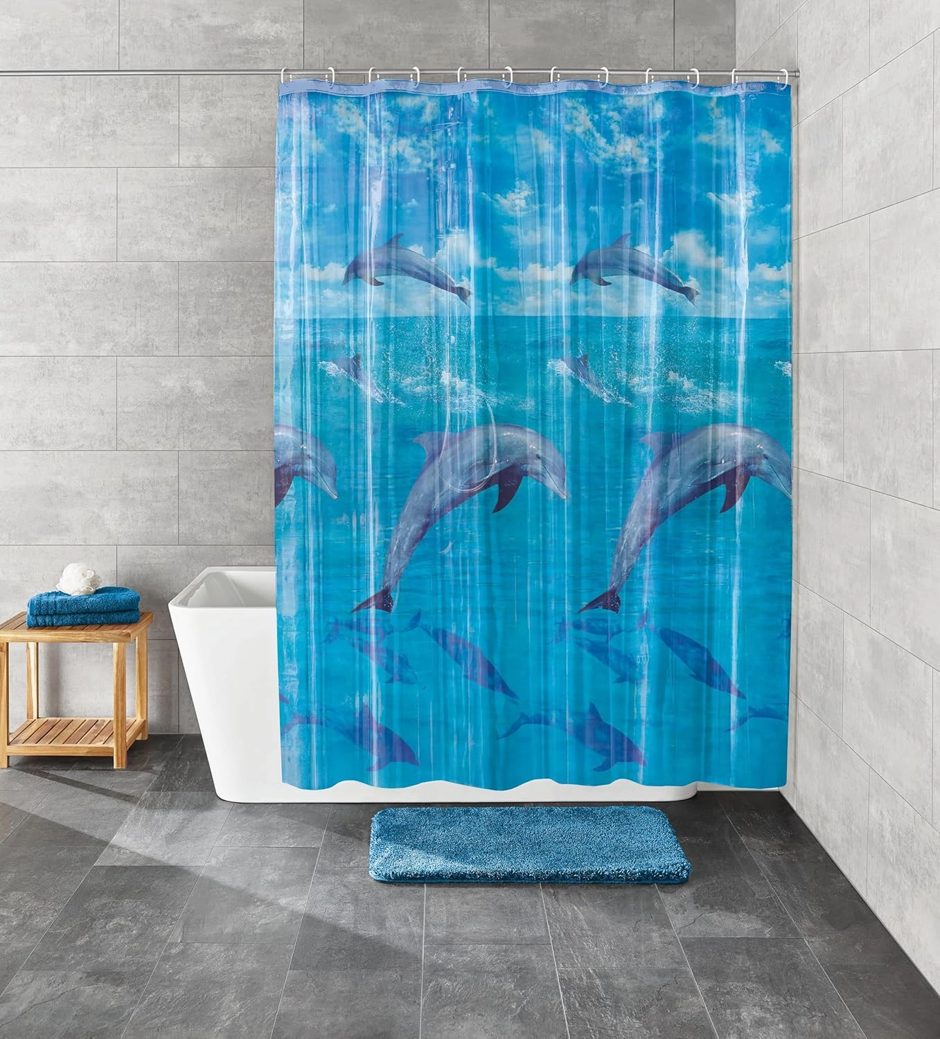 3D Digital Printing Dolphin PVC Free 100% Peva Shower Curtain 70.9x78.7in [180x200cm] – Blue-No Liner Needed