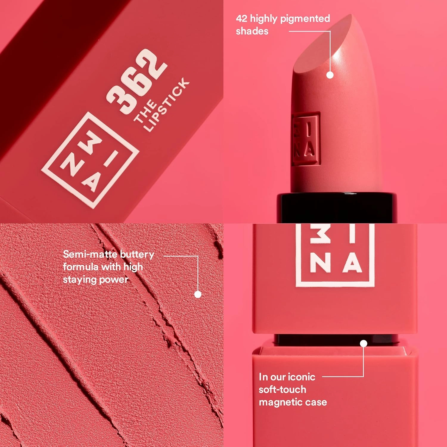3INA MAKEUP - Vegan & Cruelty Free - The Lipstick 362 - Pink - 5h Lasting - Highly Pigmented Matte - Vanilla Scented - Magnetic Cap