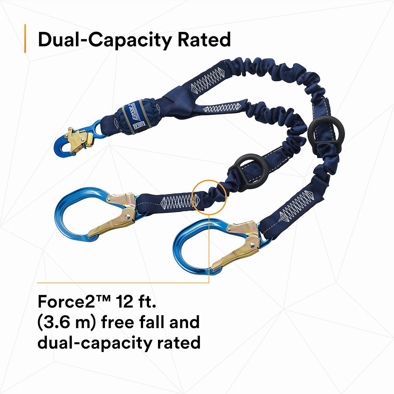 3M DBI-SALA SHOCKWAVE Force2 1246032 Shock Absorbing Lanyard, Snap Hook One End, Alum Rebar 25"" Opening Hooks Leg Ends, Rescue D-Rings Ends, 6