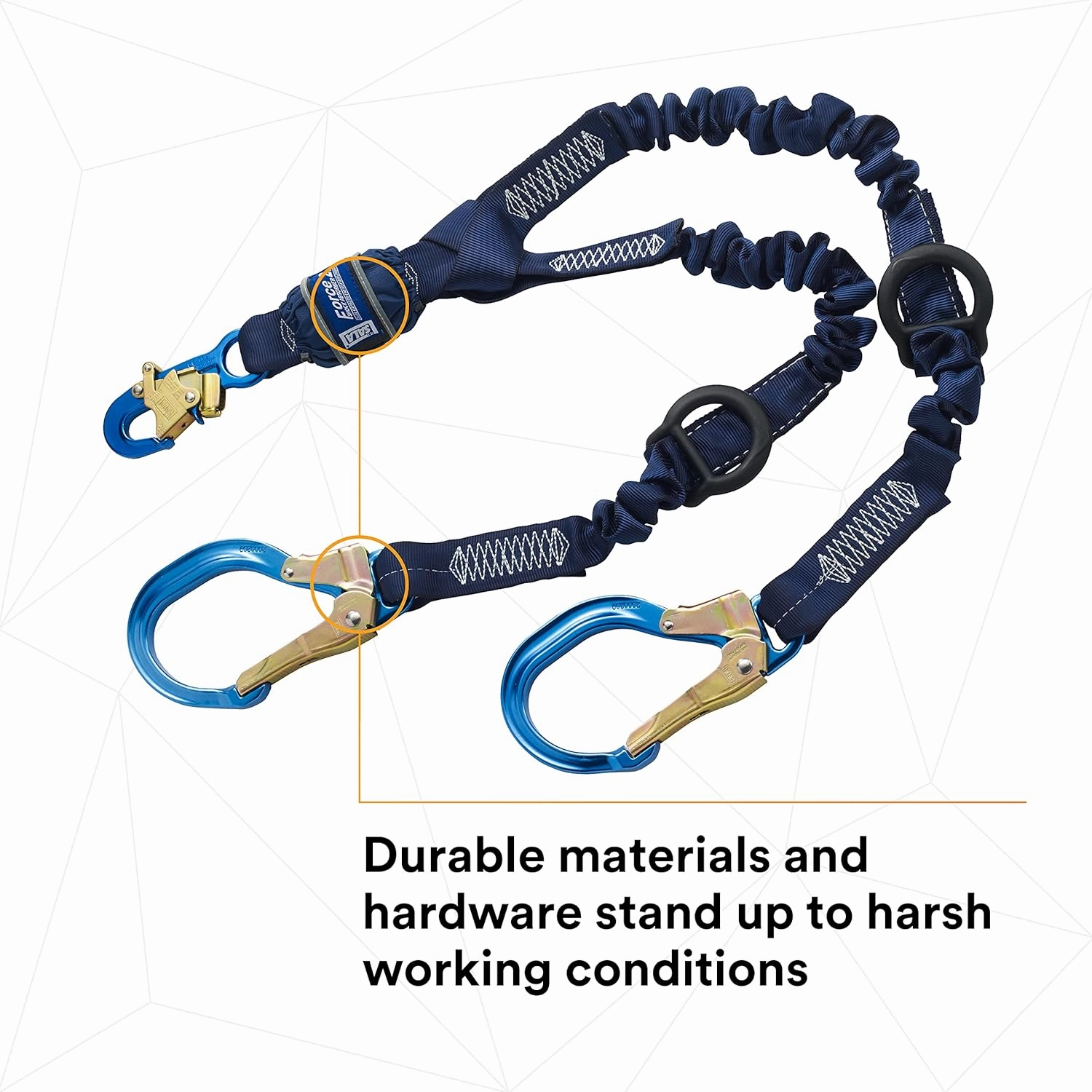 3M DBI-SALA SHOCKWAVE Force2 1246032 Shock Absorbing Lanyard, Snap Hook One End, Alum Rebar 25"" Opening Hooks Leg Ends, Rescue D-Rings Ends, 6