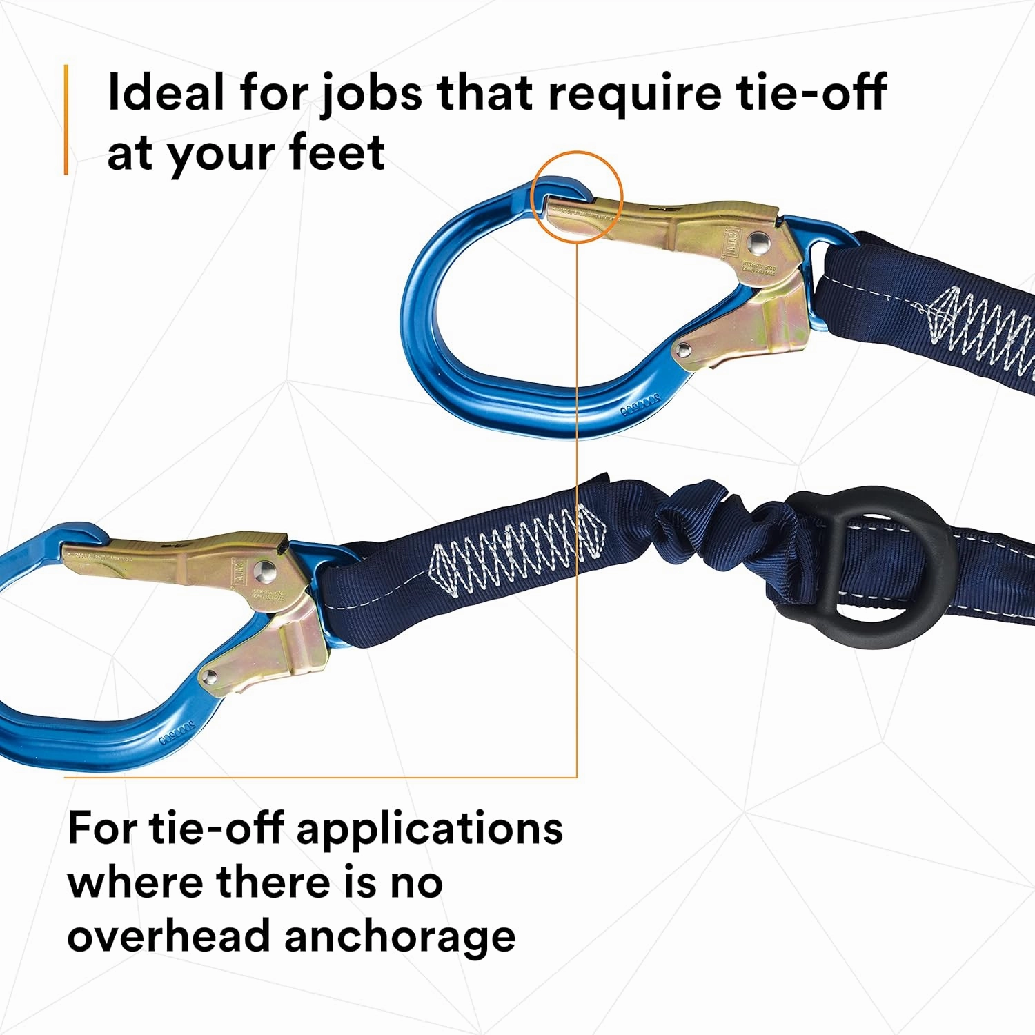3M DBI-SALA SHOCKWAVE Force2 1246032 Shock Absorbing Lanyard, Snap Hook One End, Alum Rebar 25"" Opening Hooks Leg Ends, Rescue D-Rings Ends, 6