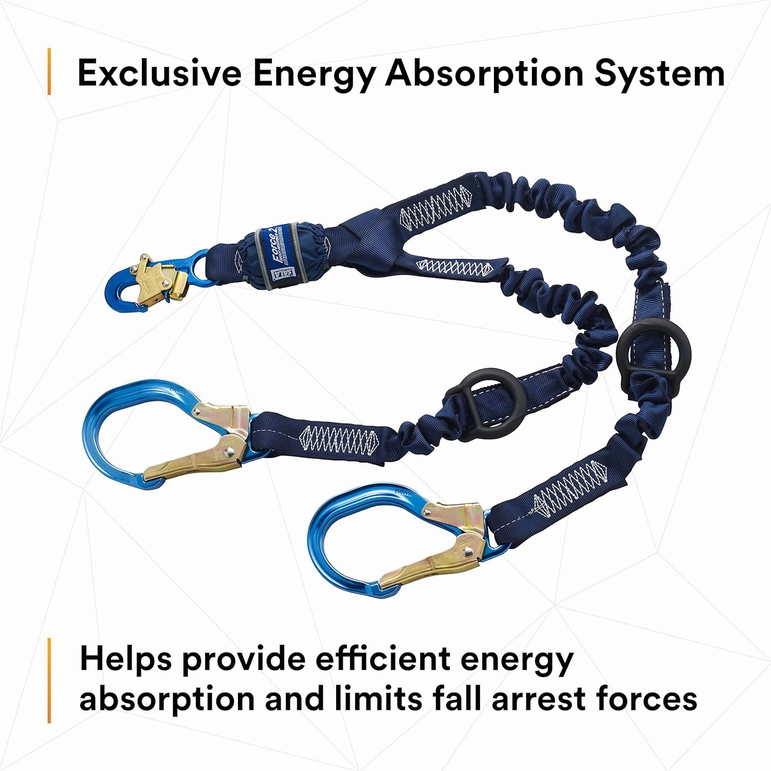 3M DBI-SALA SHOCKWAVE Force2 1246032 Shock Absorbing Lanyard, Snap Hook One End, Alum Rebar 25"" Opening Hooks Leg Ends, Rescue D-Rings Ends, 6