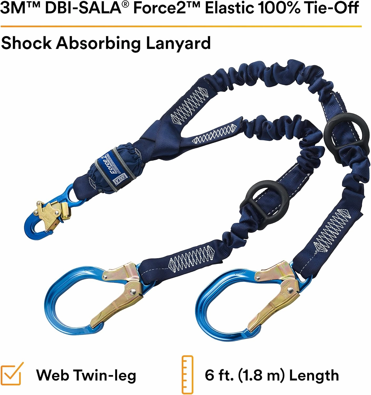 3M DBI-SALA SHOCKWAVE Force2 1246032 Shock Absorbing Lanyard, Snap Hook One End, Alum Rebar 25"" Opening Hooks Leg Ends, Rescue D-Rings Ends, 6