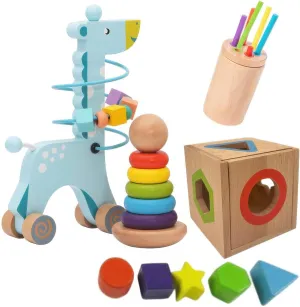 4-in-1 Wooden Montessori Toys for Toddlers 1-3 – Educational Baby Activities with Stacking Tower, Shape Sorting Cubes, Color Sorters, Interactive Giraffe – Learning Toys for Boys and Girls