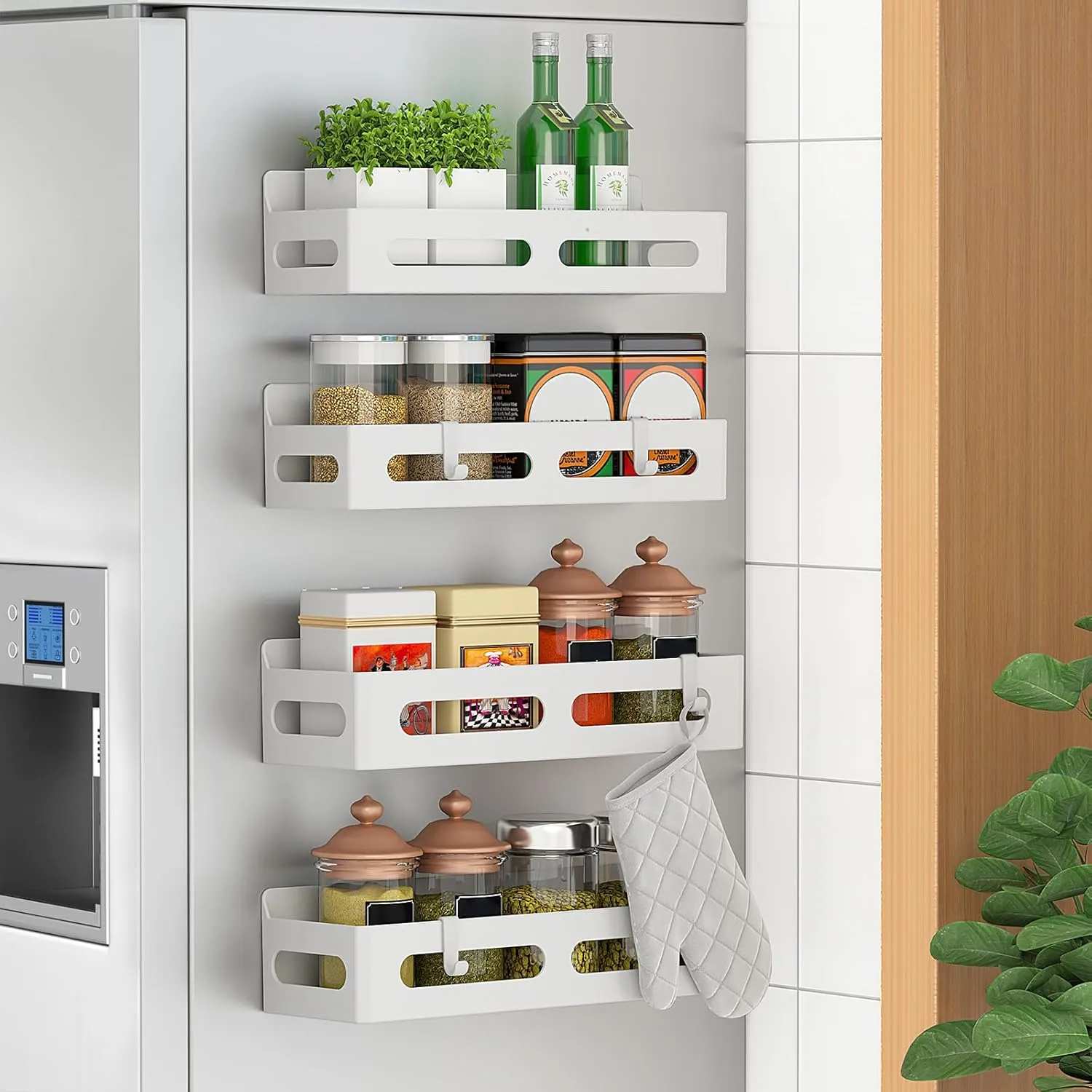 4 Pack Magnetic Spice Rack for Refrigerator, Moveable Magnetic Shelf Fridge Organizer with 4 Hooks and 2 Hanging Cups for Kitchen Organization, White