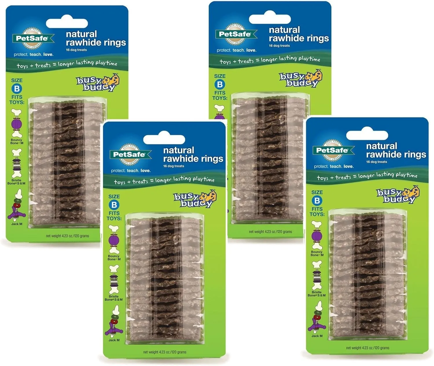 (4 Pack) Petsafe Busy Buddy Refill Ring Dog Treats For Select Busy Buddy Dog Toys, Natural Rawhide, Size B