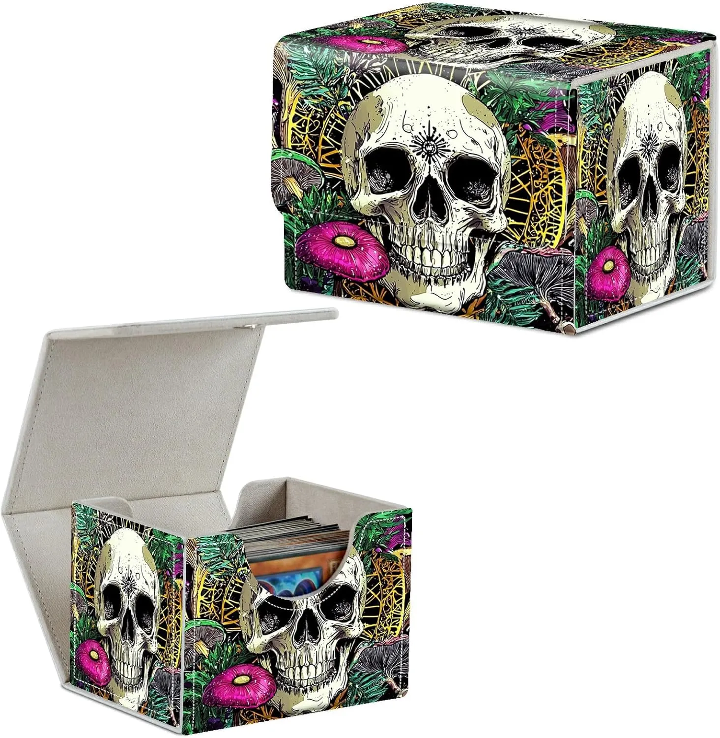 4.13x3.07x3.26 inch Card Deck Box Trading Cards Storage Box with Strong Magnet Premium Case Commander Deck Box Storage Cover for TCG CCG Magic Cards,Skull Colorful Mushrooms