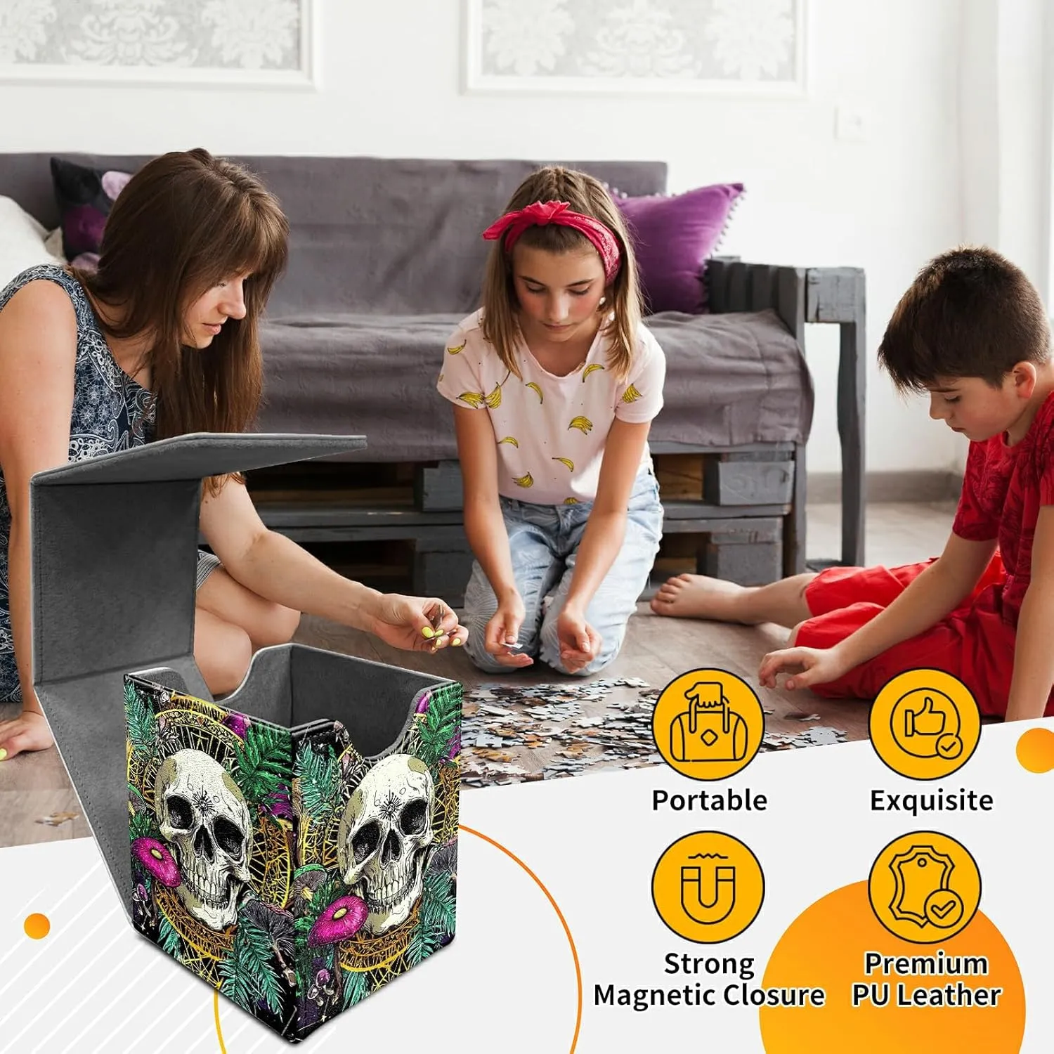 4.13x3.07x3.26 inch Card Deck Box Trading Cards Storage Box with Strong Magnet Premium Case Commander Deck Box Storage Cover for TCG CCG Magic Cards,Skull Colorful Mushrooms