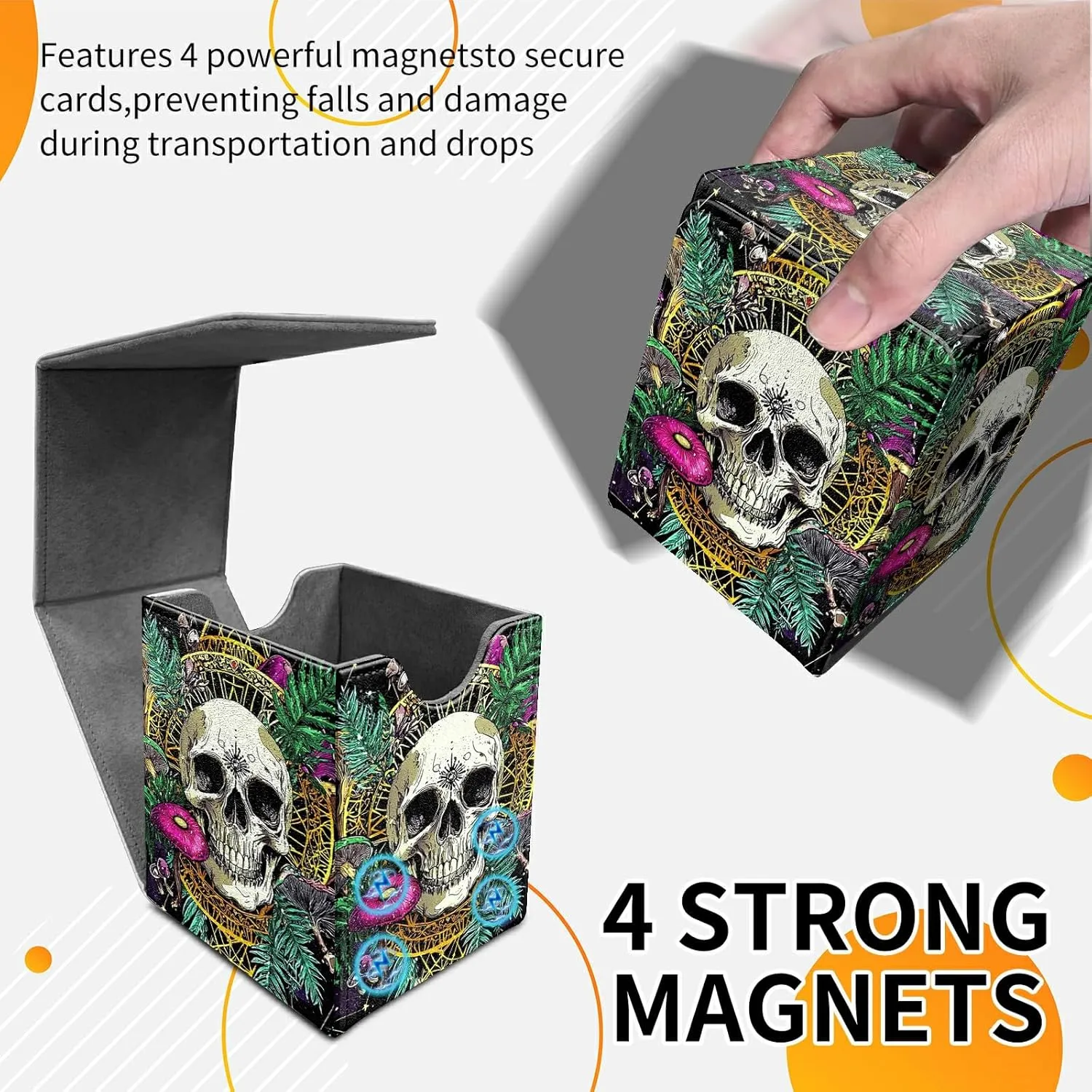 4.13x3.07x3.26 inch Card Deck Box Trading Cards Storage Box with Strong Magnet Premium Case Commander Deck Box Storage Cover for TCG CCG Magic Cards,Skull Colorful Mushrooms