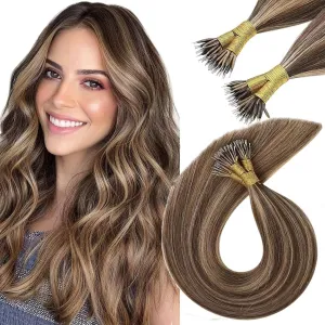 #4/27 Blonde Straight Remy Hair Extensions 100g Double Drawn Nano Ring #4 Piano #27 Raw Keratin Human Hair Extensions 1G/strand (#4/27, 22inch)