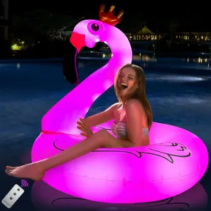 42" Inflatable Flamingo Pool Float with Lights, Solar Powered Flamingo Swim Tube Rings, Large Pool Beach Floaties Lake and Beach Floaty Summer Pool Raft Lounge for Adults