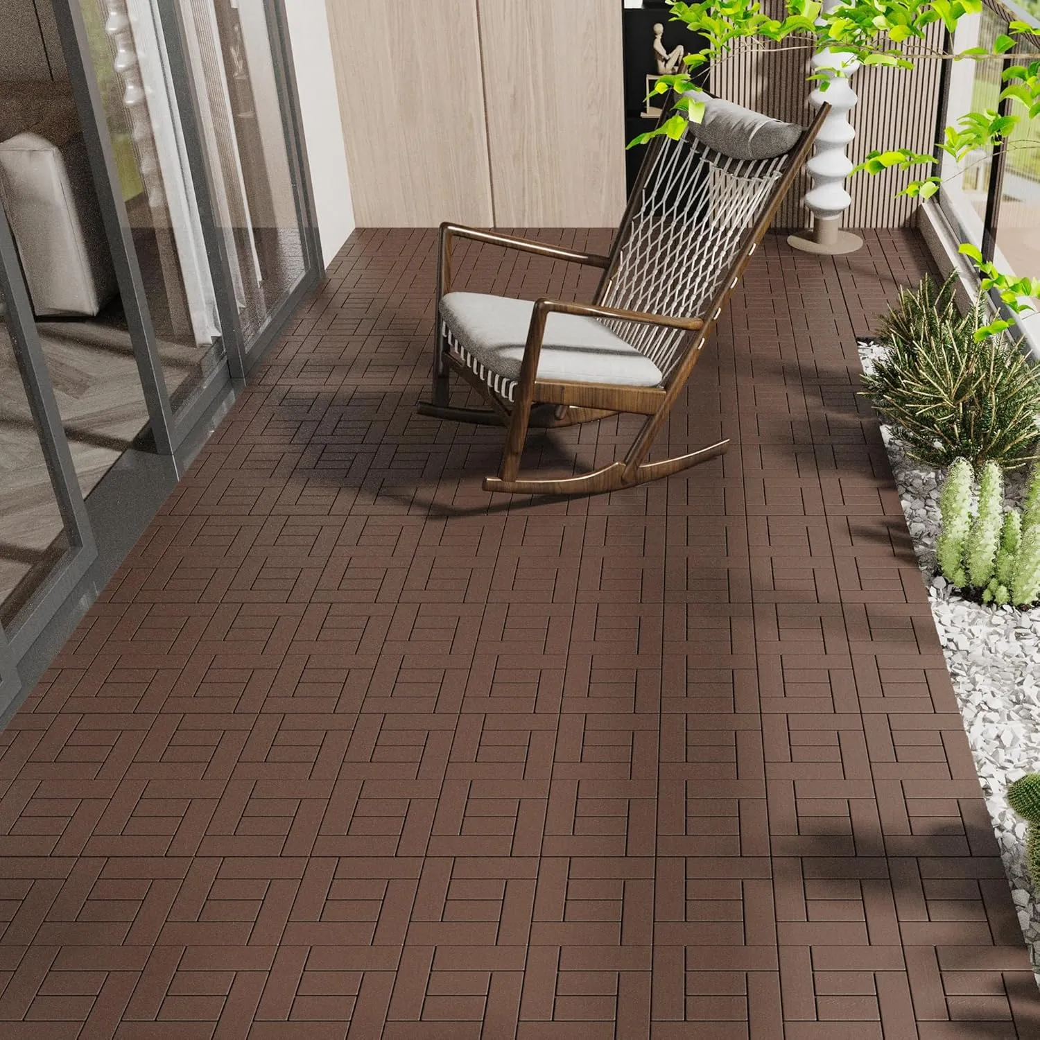 44 Pack Interlocking Deck Tiles, 12"x12"x0.8" Plastic Patio Flooring Outdoor Waterproof, All Weather Use for Balcony Porch Backyard Poolside（Brown,Checked）