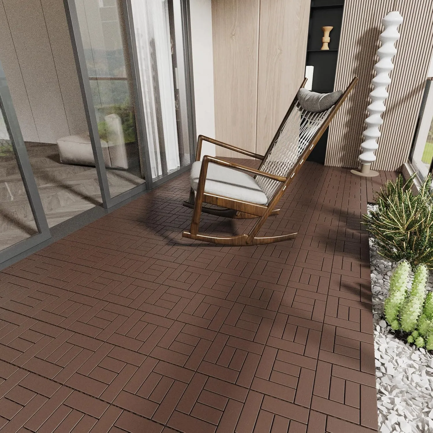 44 Pack Interlocking Deck Tiles, 12"x12"x0.8" Plastic Patio Flooring Outdoor Waterproof, All Weather Use for Balcony Porch Backyard Poolside（Brown,Checked）