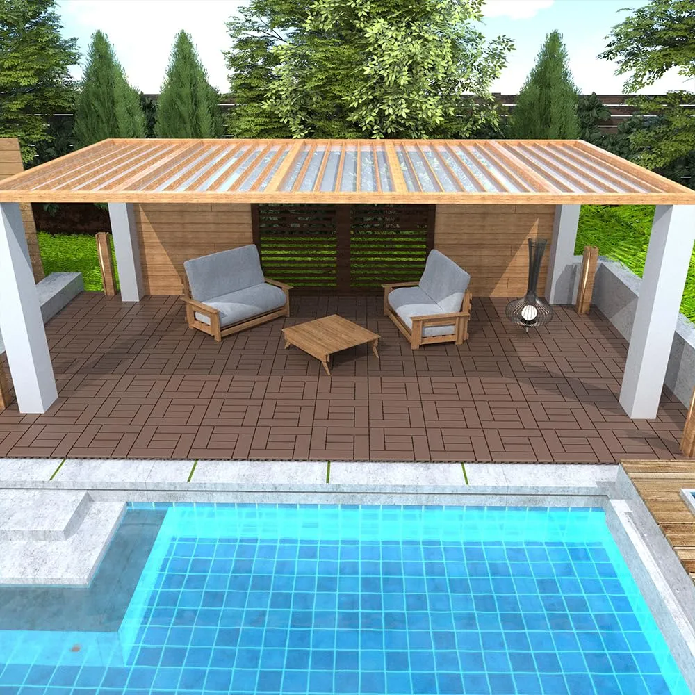 44 Pack Interlocking Deck Tiles, 12"x12"x0.8" Plastic Patio Flooring Outdoor Waterproof, All Weather Use for Balcony Porch Backyard Poolside（Brown,Checked）