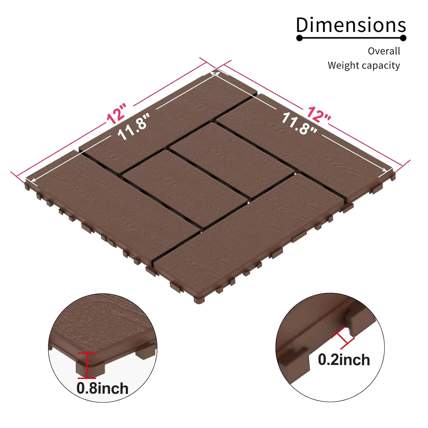 44 Pack Interlocking Deck Tiles, 12"x12"x0.8" Plastic Patio Flooring Outdoor Waterproof, All Weather Use for Balcony Porch Backyard Poolside（Brown,Checked）