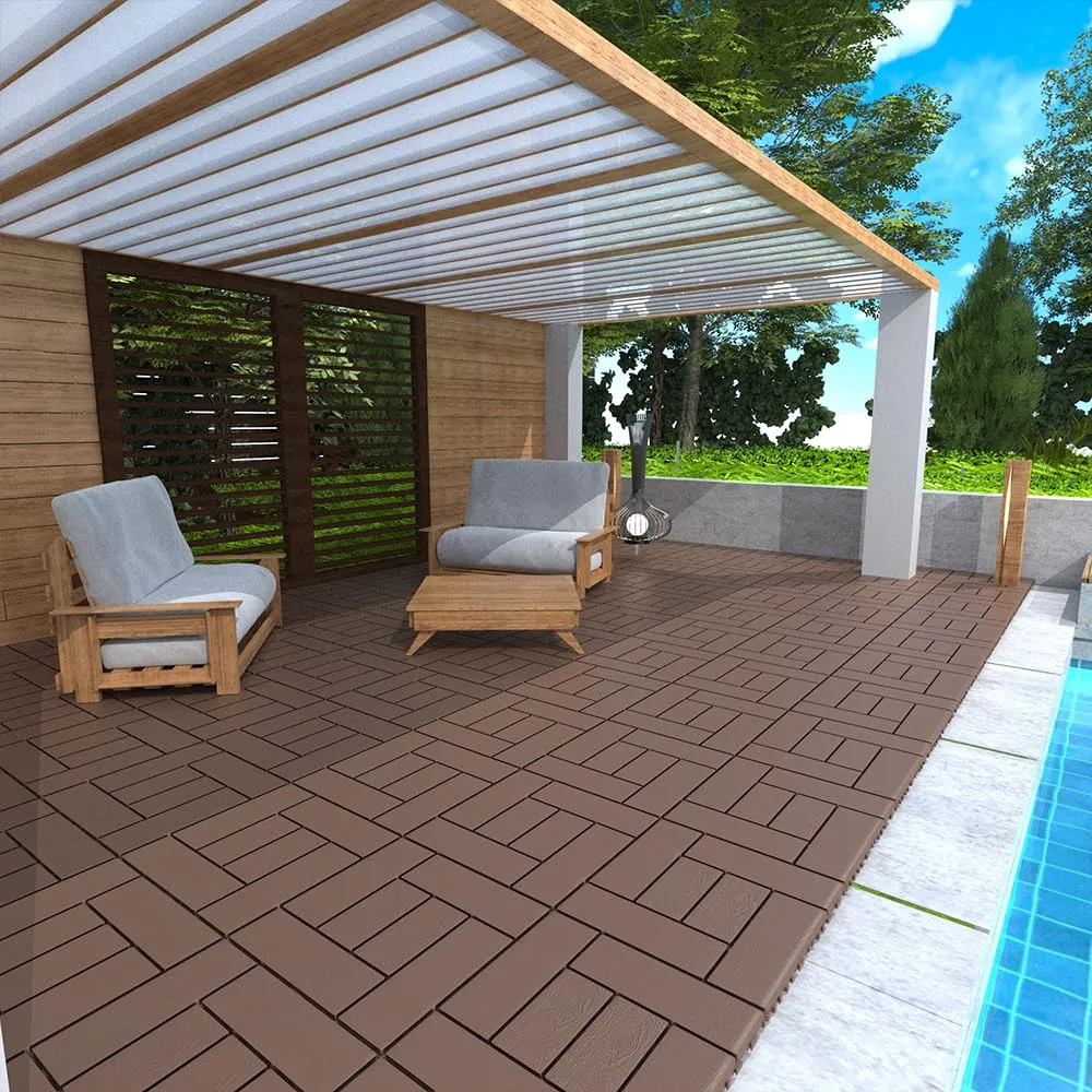 44 Pack Interlocking Deck Tiles, 12"x12"x0.8" Plastic Patio Flooring Outdoor Waterproof, All Weather Use for Balcony Porch Backyard Poolside（Brown,Checked）