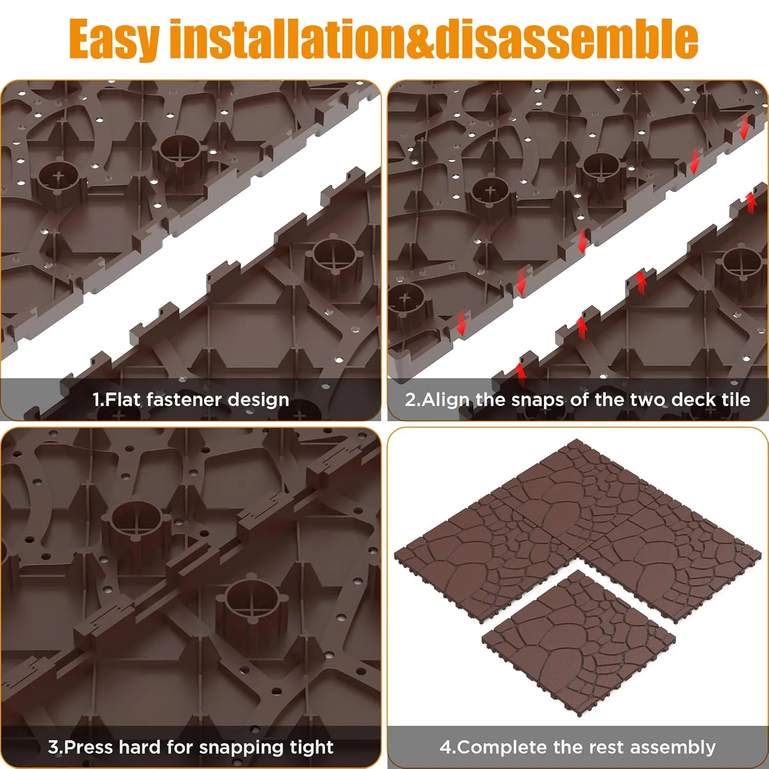 44 PCS Plastic Interlocking Deck Tiles,12"x12" Plastic Deck Tiles Outdoor All Weather, Waterproof Tile for Patio Bathroom Balcony Backyard, Pebble Red Brown