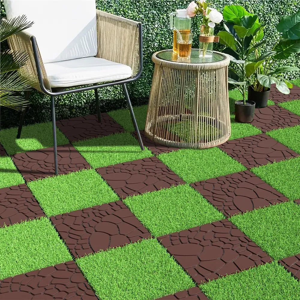 44 PCS Plastic Interlocking Deck Tiles,12"x12" Plastic Deck Tiles Outdoor All Weather, Waterproof Tile for Patio Bathroom Balcony Backyard, Pebble Red Brown
