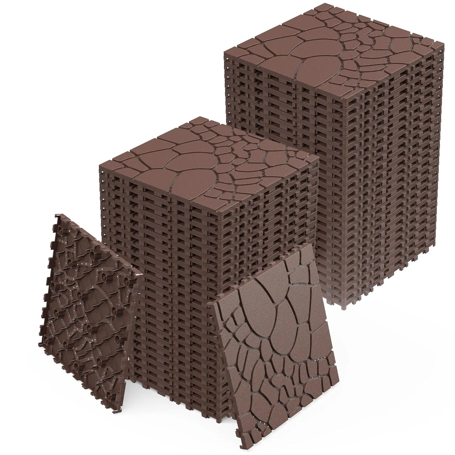 44 PCS Plastic Interlocking Deck Tiles,12"x12" Plastic Deck Tiles Outdoor All Weather, Waterproof Tile for Patio Bathroom Balcony Backyard, Pebble Red Brown