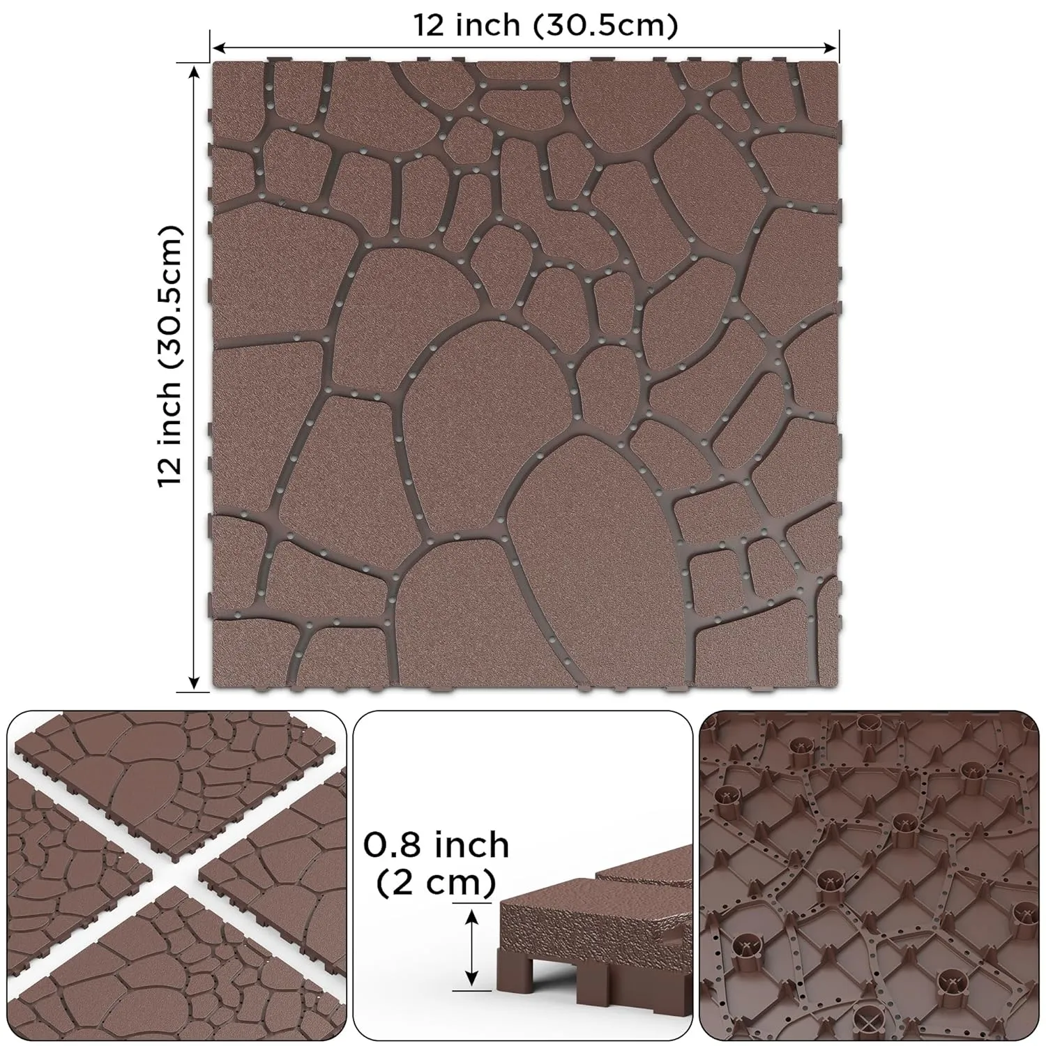 44 PCS Plastic Interlocking Deck Tiles,12"x12" Plastic Deck Tiles Outdoor All Weather, Waterproof Tile for Patio Bathroom Balcony Backyard, Pebble Red Brown