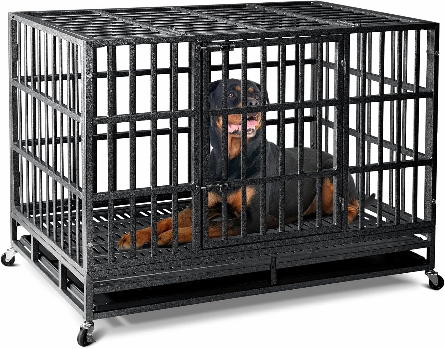 48 inch Heavy Duty Indestructible Dog Crate,2025 New Upgraded Reinforced Baseplate for Large Dogs,XL Dog Crate for High Anxiety Dogs/Max Load Capacity 220lbs/Double Door with Wheels